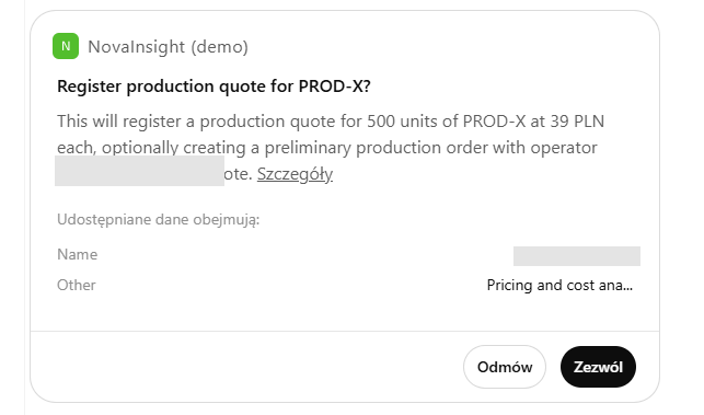 Zanonimizowane okno zgody NovaInsight przed rejestracją wyceny 500 sztuk PROD-X po 39 PLN oraz opcjonalnym utworzeniem wstępnego zlecenia produkcyjnego. Widoczne przyciski Odmów i Zezwól.